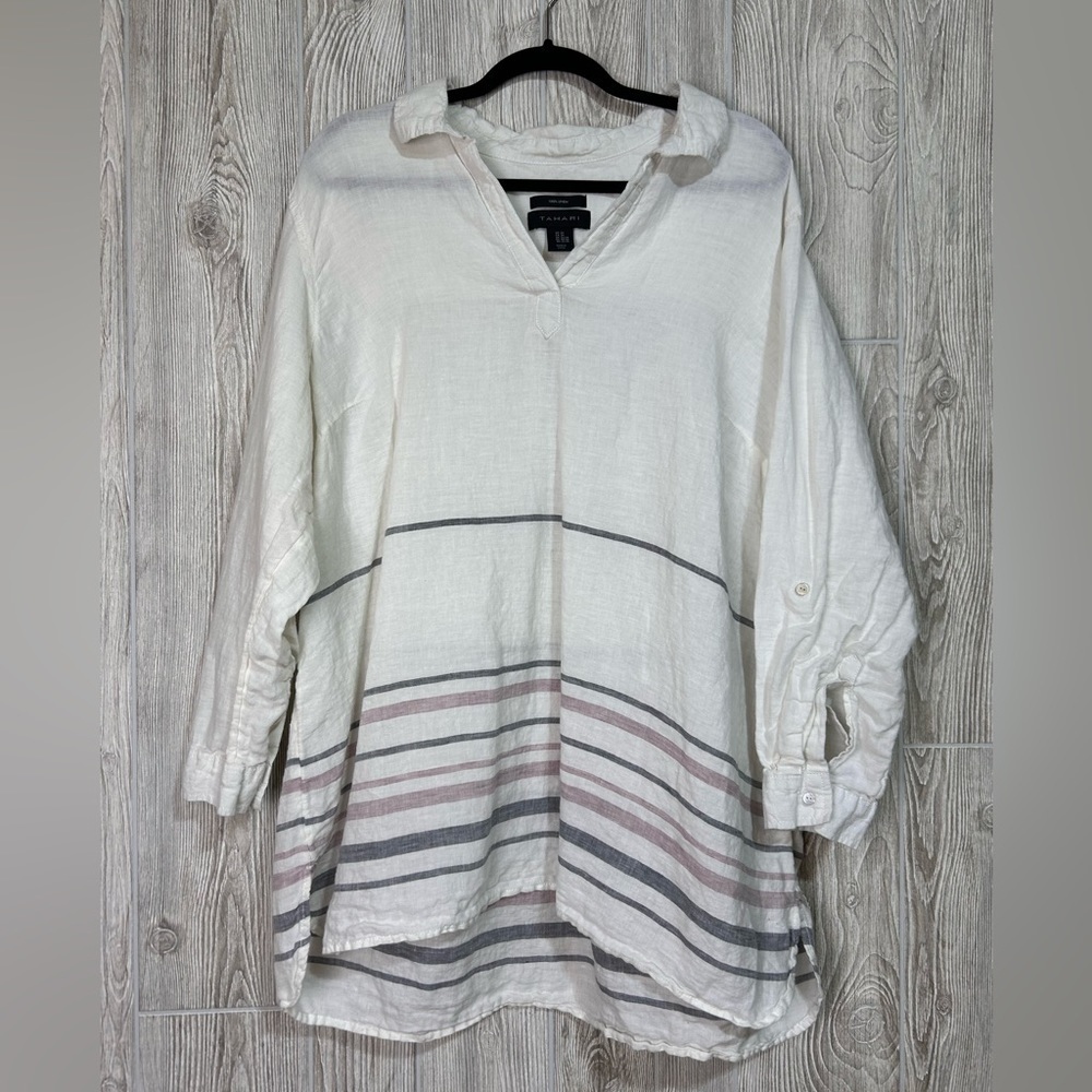 Tahari Long Sleeve 100% Linen Longline Popover Lightweight Tunic Blouse Top 2X